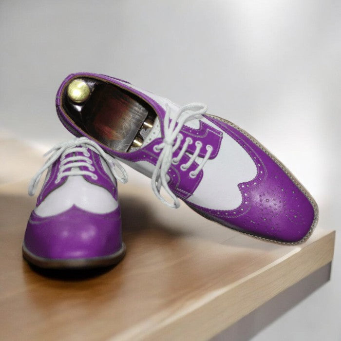 Men's blue and white leather derby lace-up designer dress shoes.