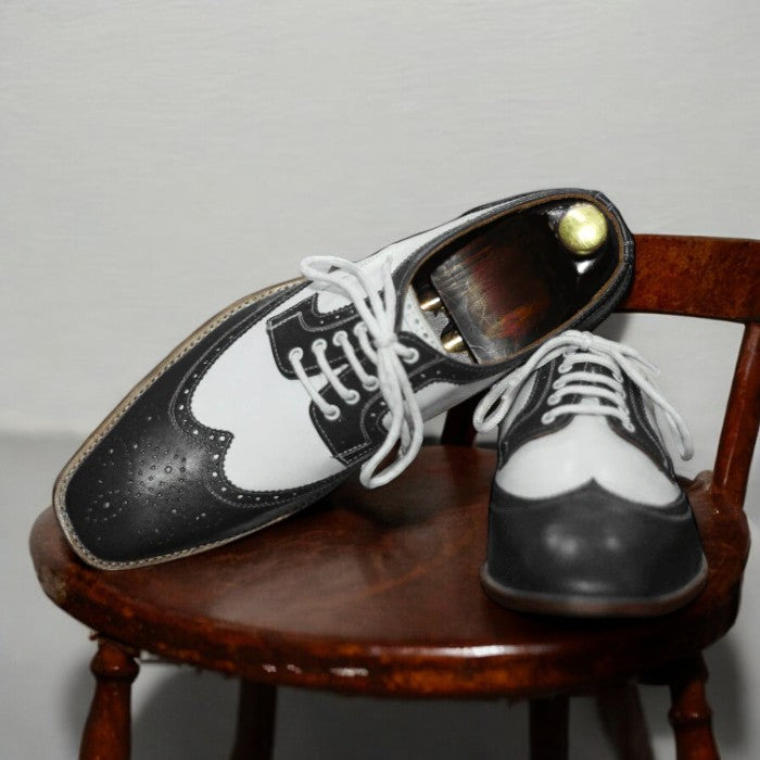 Men's blue and white leather derby lace-up designer dress shoes.