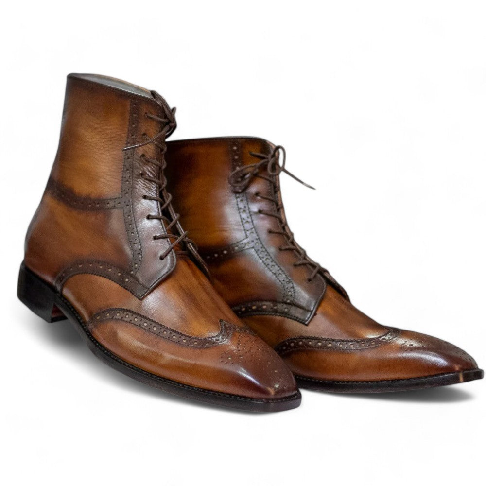 Men's Handmade Brown Patina Wingtip Brogue Lace-Up Dress Boots - Posh Footwears | Customize premium leather handmade bags, wallet, shoes