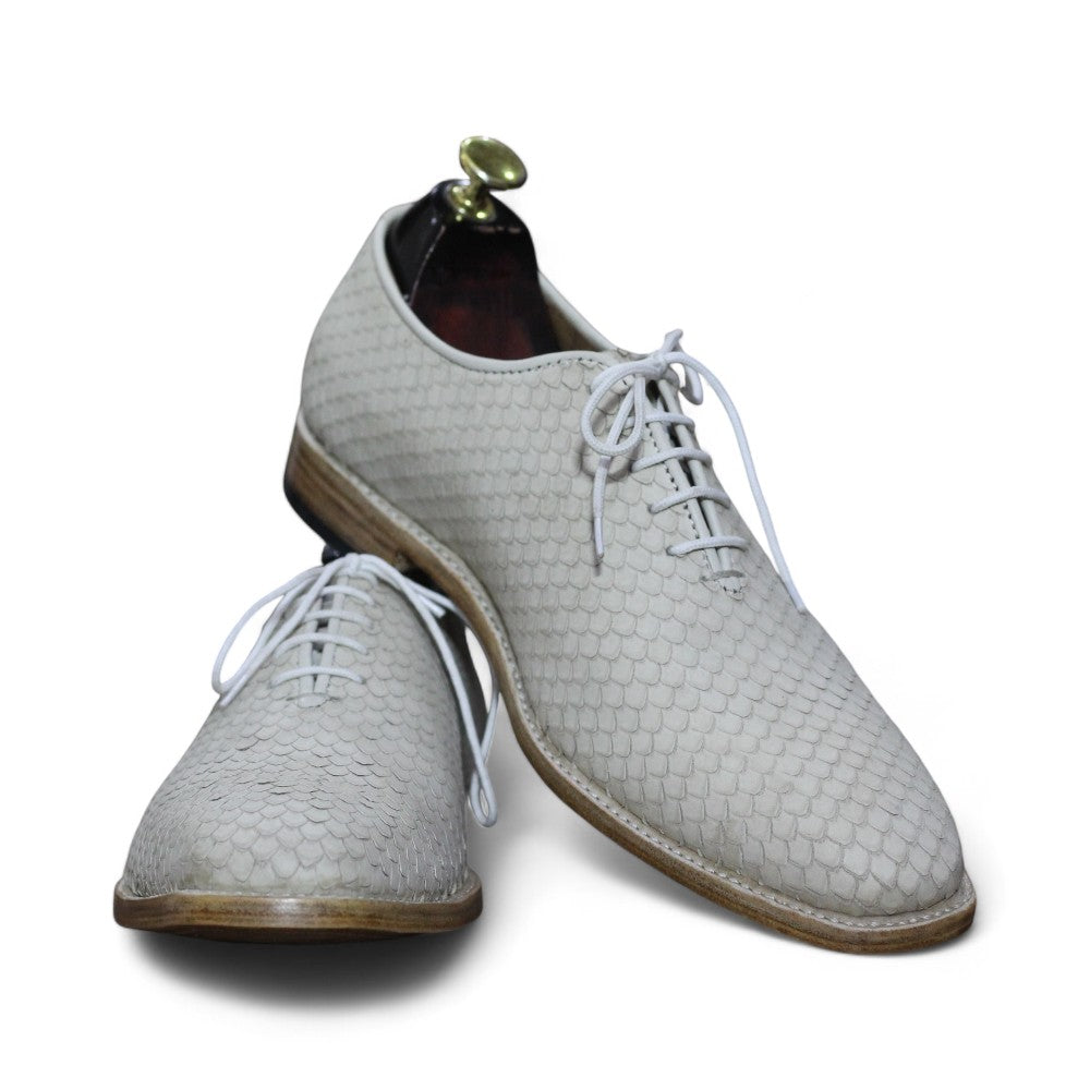 Men's Python Texture Leather Lace-Up Shoes | Cream Color Dress Shoes