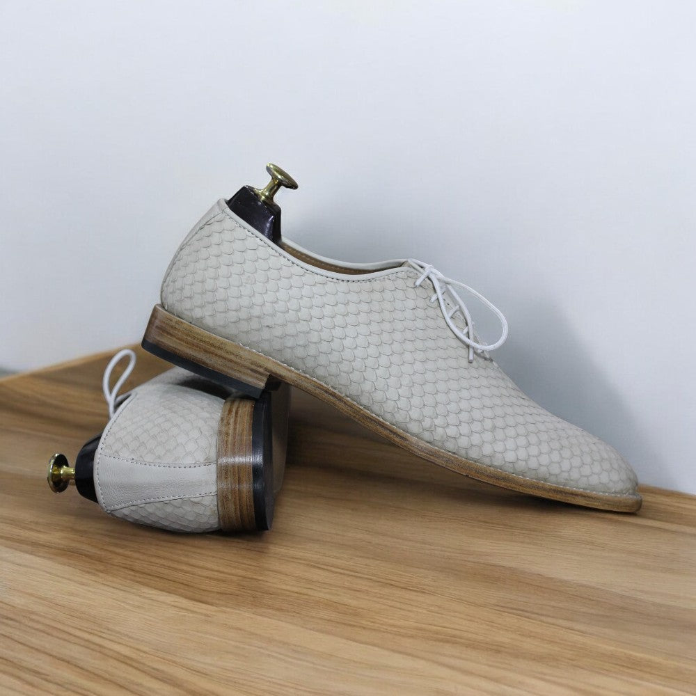 Men's Python Texture Leather Lace-Up Shoes | Cream Color Dress Shoes