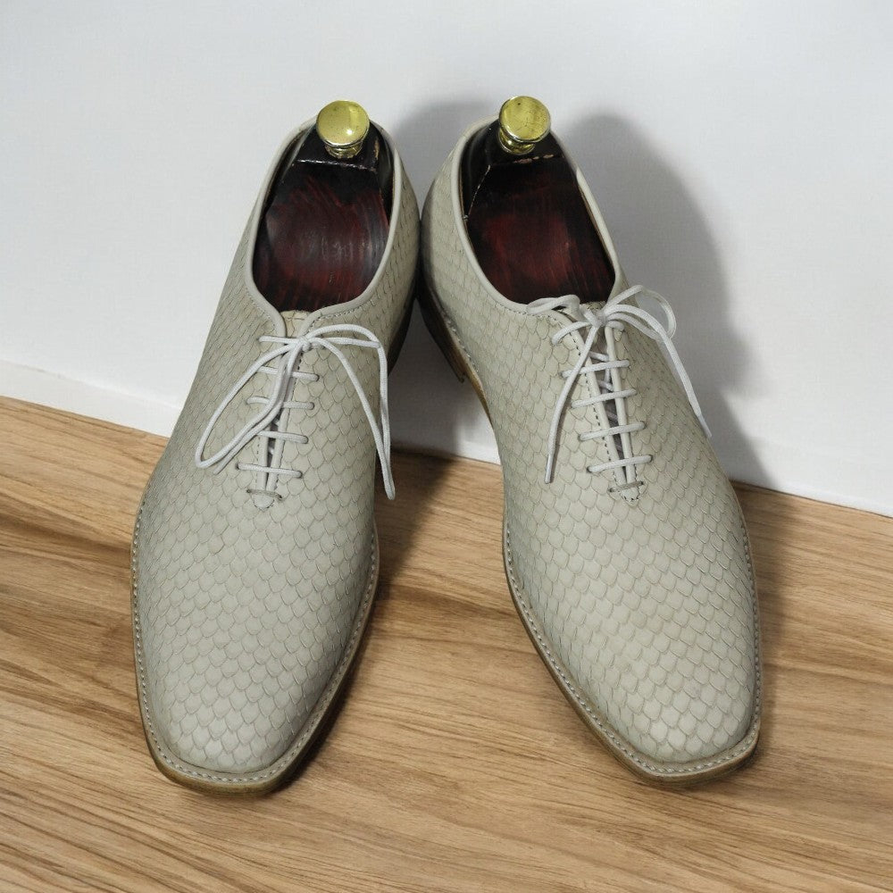 Men's Python Texture Leather Lace-Up Shoes | Cream Color Dress Shoes