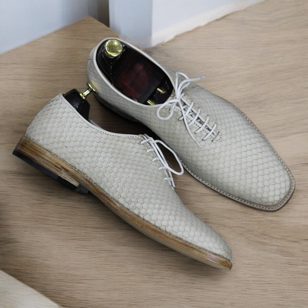 Men's Python Texture Leather Lace-Up Shoes | Cream Color Dress Shoes