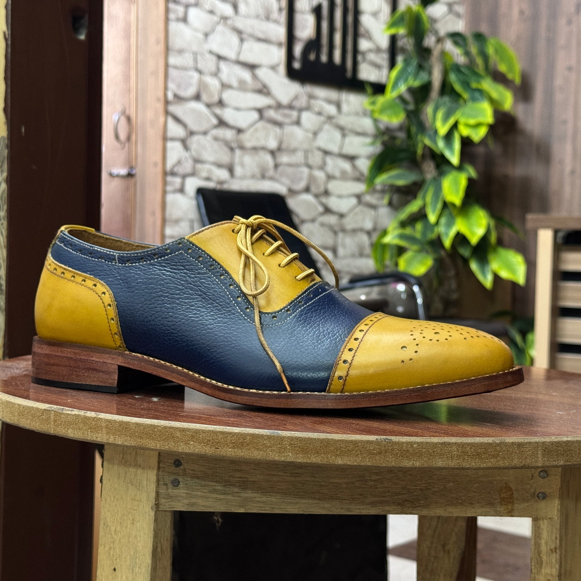 Men's Handmade Yellow & Blue Cap Toe Oxfords – Premium Leather Shoes for Formal and Business Wear