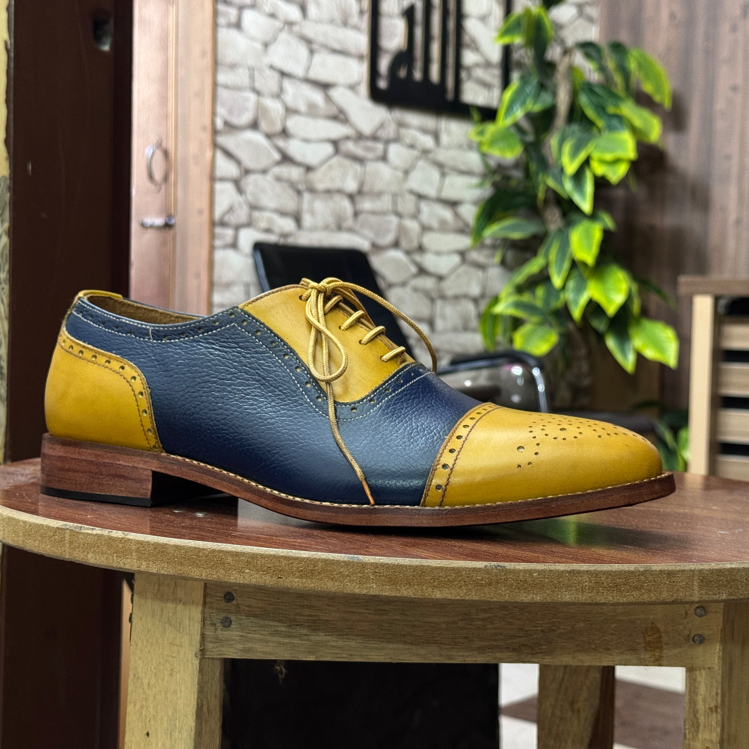 Men's Handmade Yellow & Blue Cap Toe Oxfords – Premium Leather Shoes for Formal and Business Wear