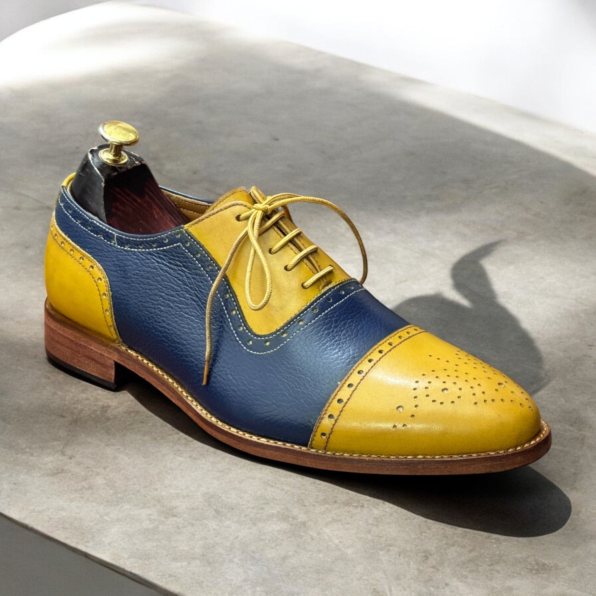 Men's Handmade Yellow & Blue Cap Toe Oxfords – Premium Leather Shoes for Formal and Business Wear