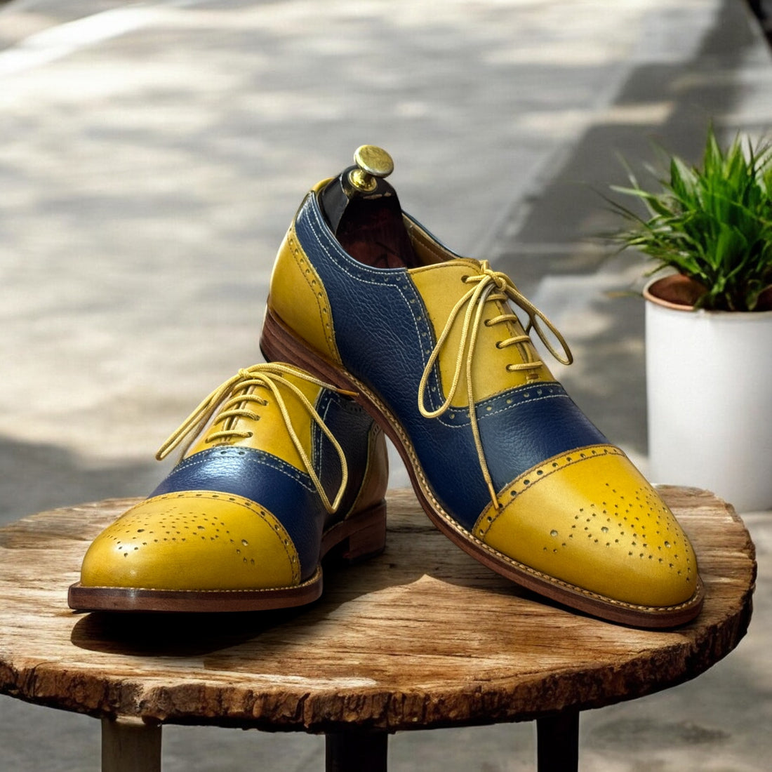 Men's Handmade Yellow & Blue Cap Toe Oxfords – Premium Leather Shoes for Formal and Business Wear