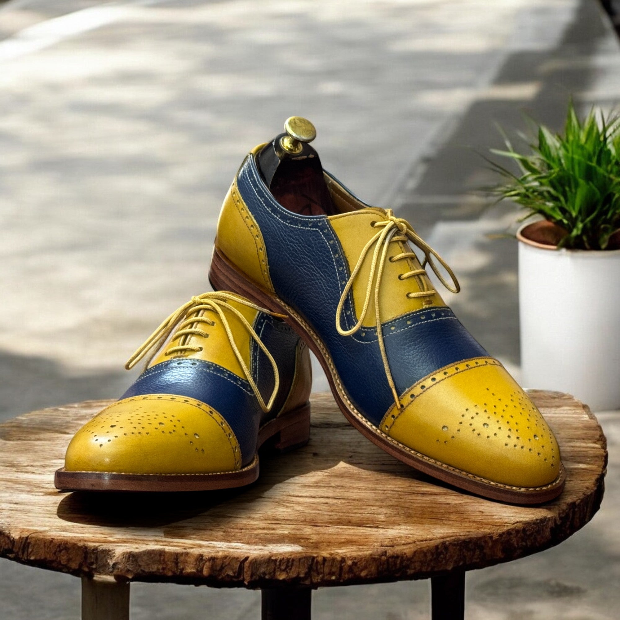 Men's Handmade Yellow & Blue Cap Toe Oxfords – Premium Leather Shoes for Formal and Business Wear