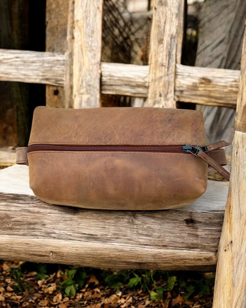 Handmade leather travel toiletry bag for men