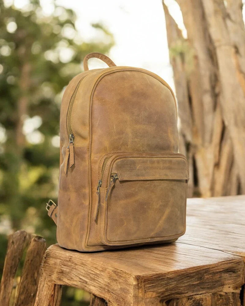 Full-Grain Leather Travel Backpack with Brass Hardware – A premium knapsack designed for everyday use with secure zippers and spacious compartments.