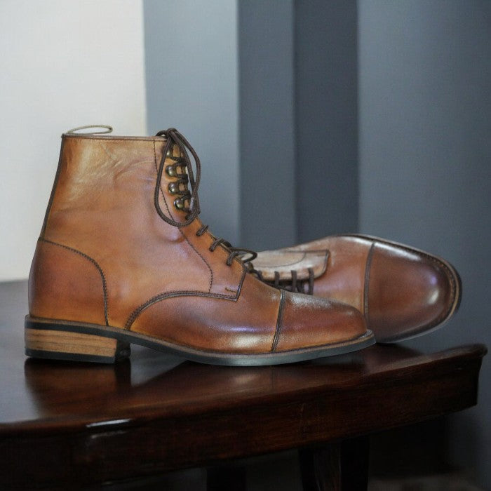 Men's Brown Ankle High Boots - Leather Lace Up Fashion Designer Cap Toe Patina