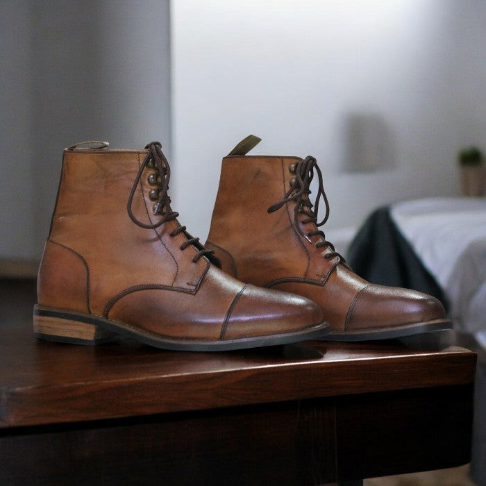 Men's Brown Ankle High Boots - Leather Lace Up Fashion Designer Cap Toe Patina