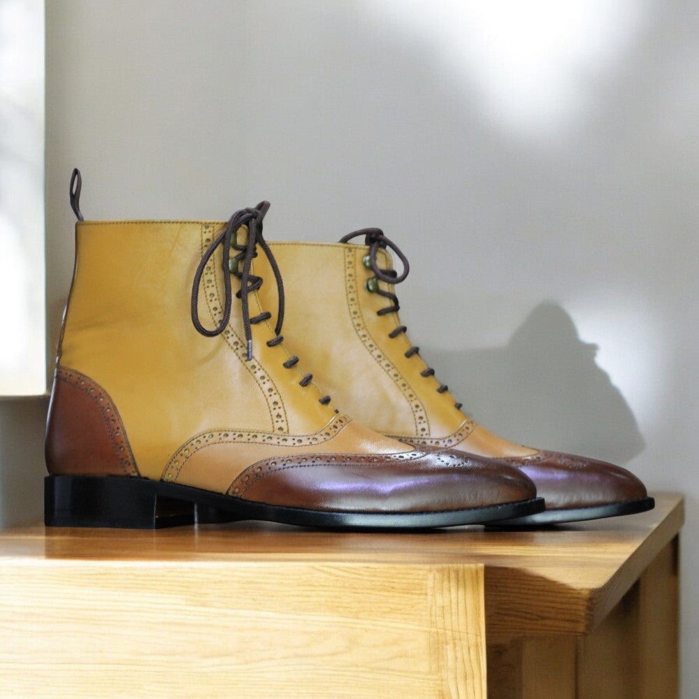 Men's Handmade Two-Tone Brown Leather Wingtip Brogue Boots | Designer Footwear