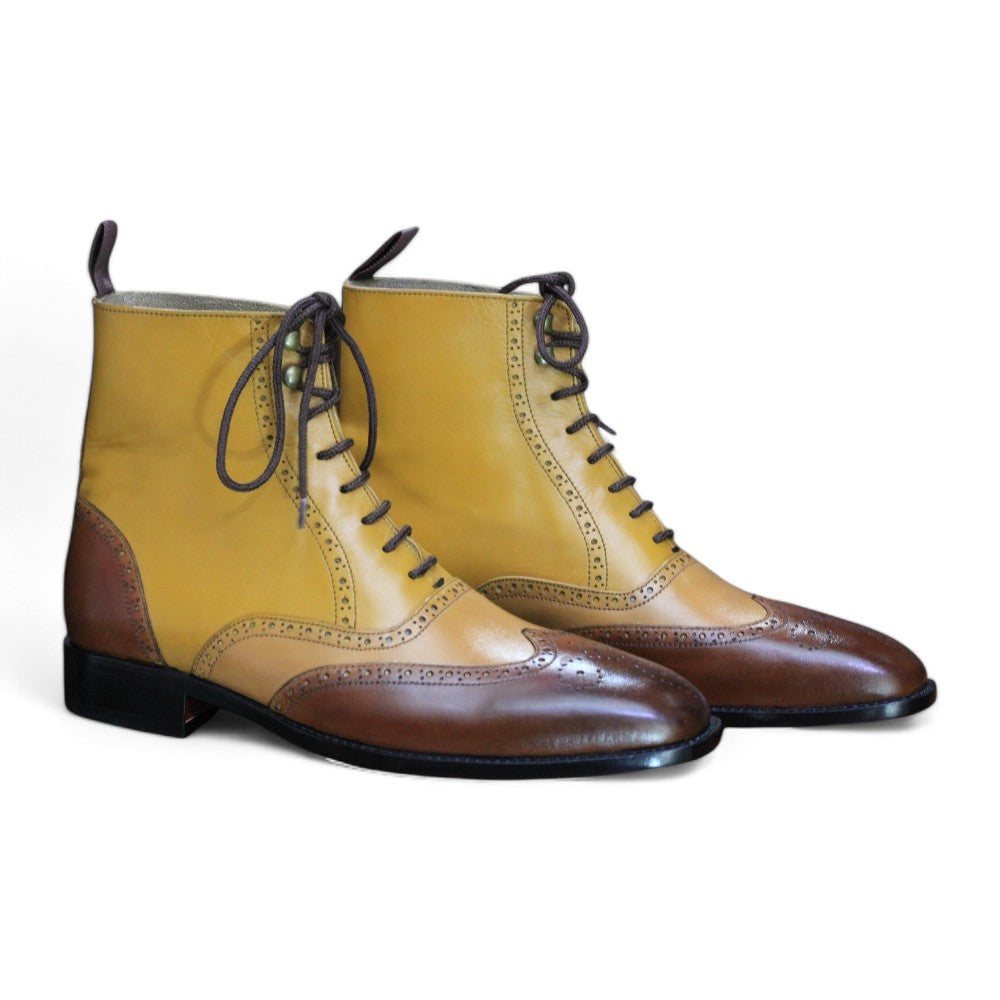 Men's Handmade Two-Tone Brown Leather Wingtip Brogue Boots | Designer Footwear