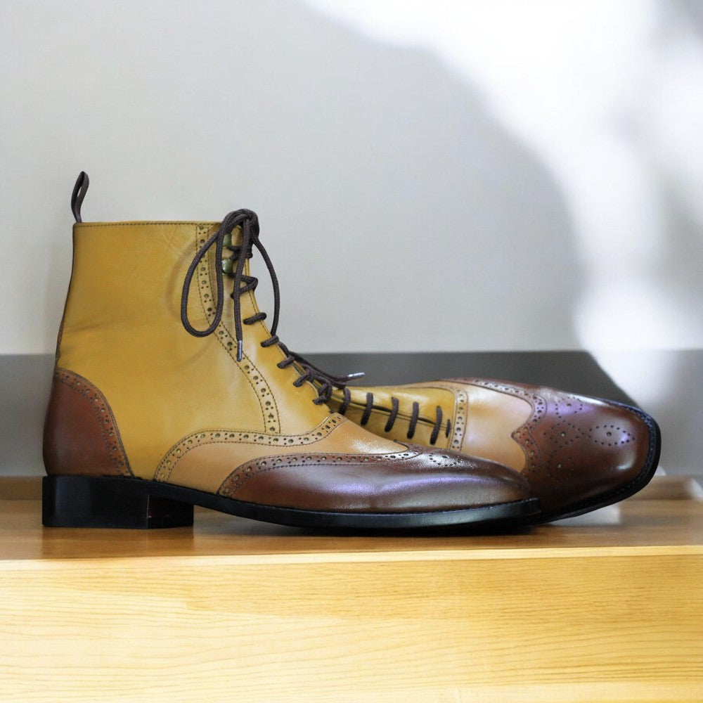 Men's Handmade Two-Tone Brown Leather Wingtip Brogue Boots | Designer Footwear