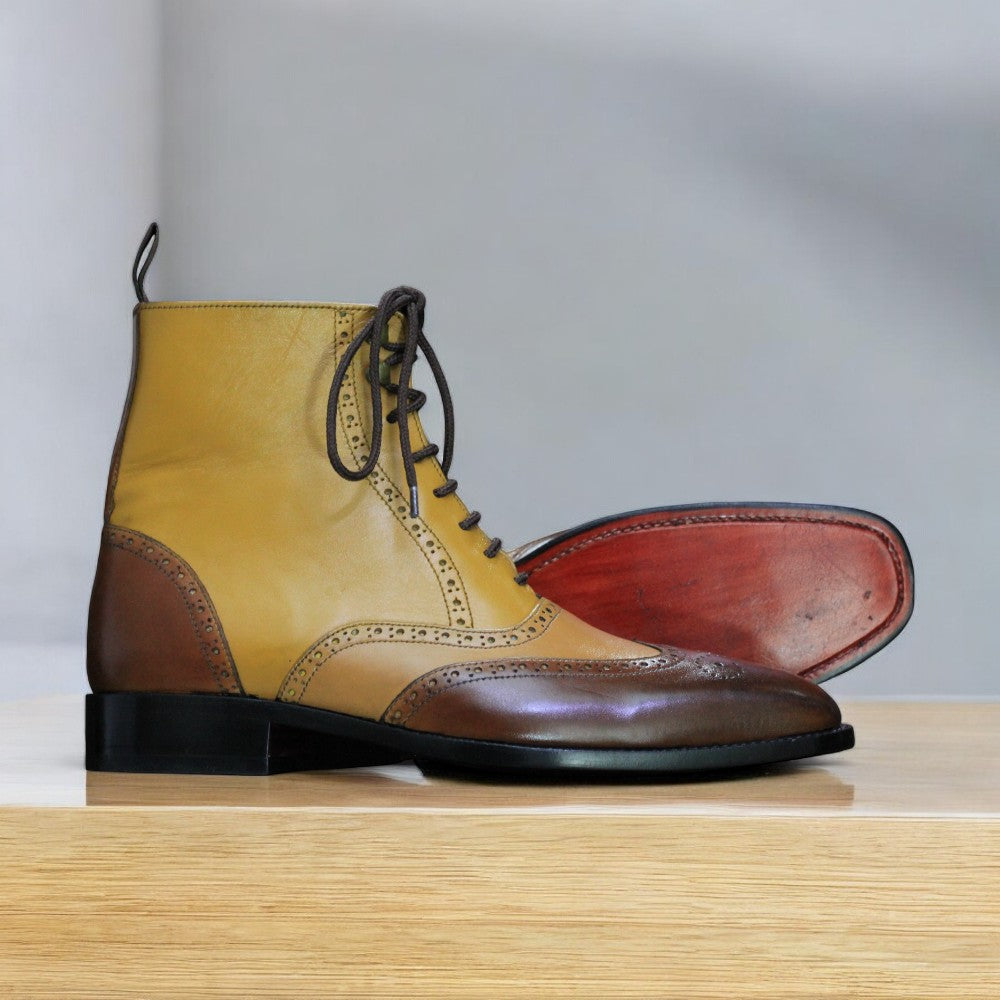 Men's Handmade Two-Tone Brown Leather Wingtip Brogue Boots | Designer Footwear