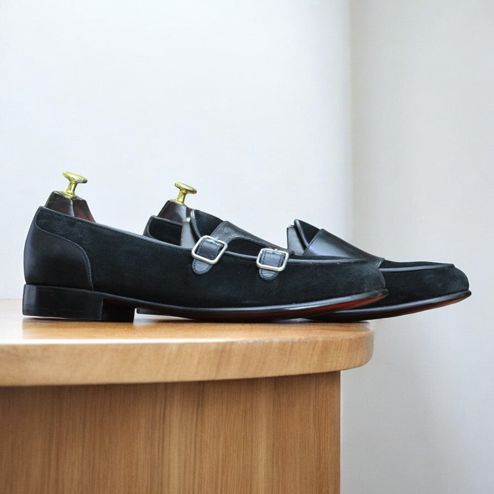 Handmade Double Buckle Loafer Shoes for Men – Premium Black Leather with Comfortable Leather Sole and Lining
