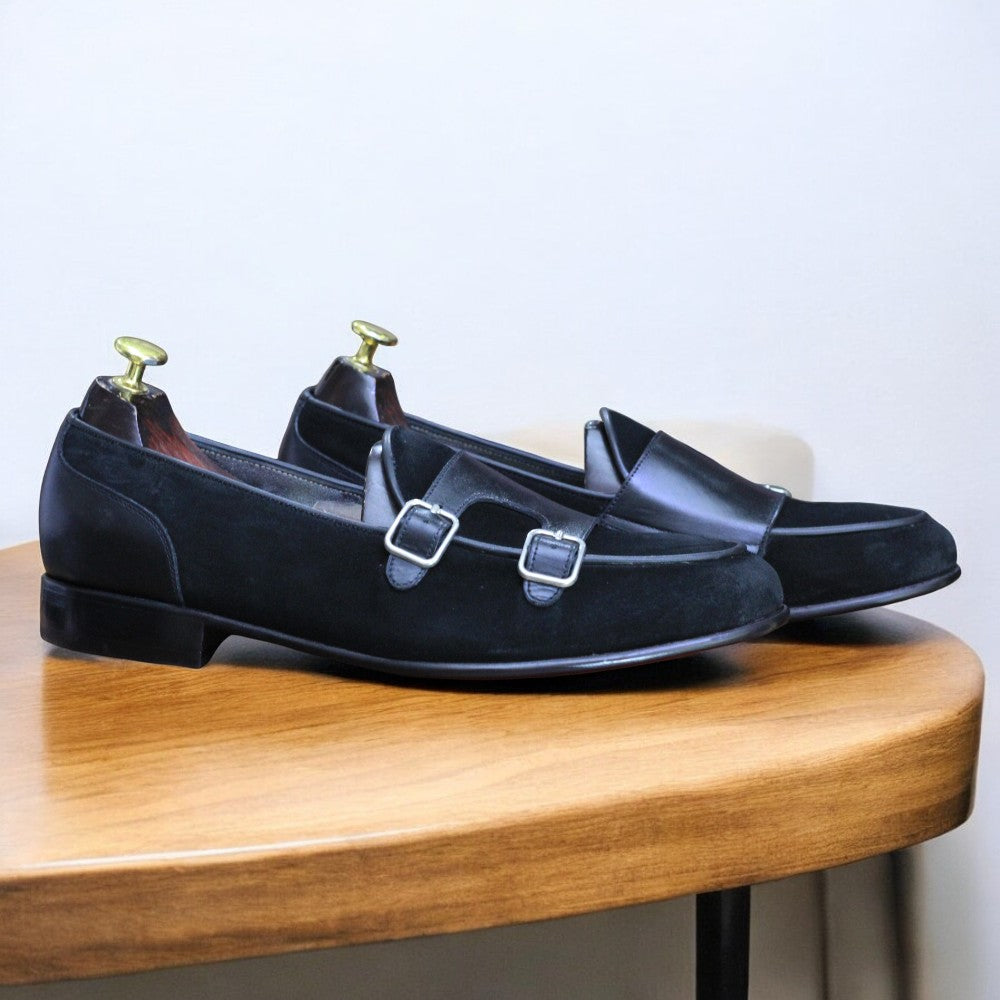 Handmade Double Buckle Loafer Shoes for Men – Premium Black Leather with Comfortable Leather Sole and Lining
