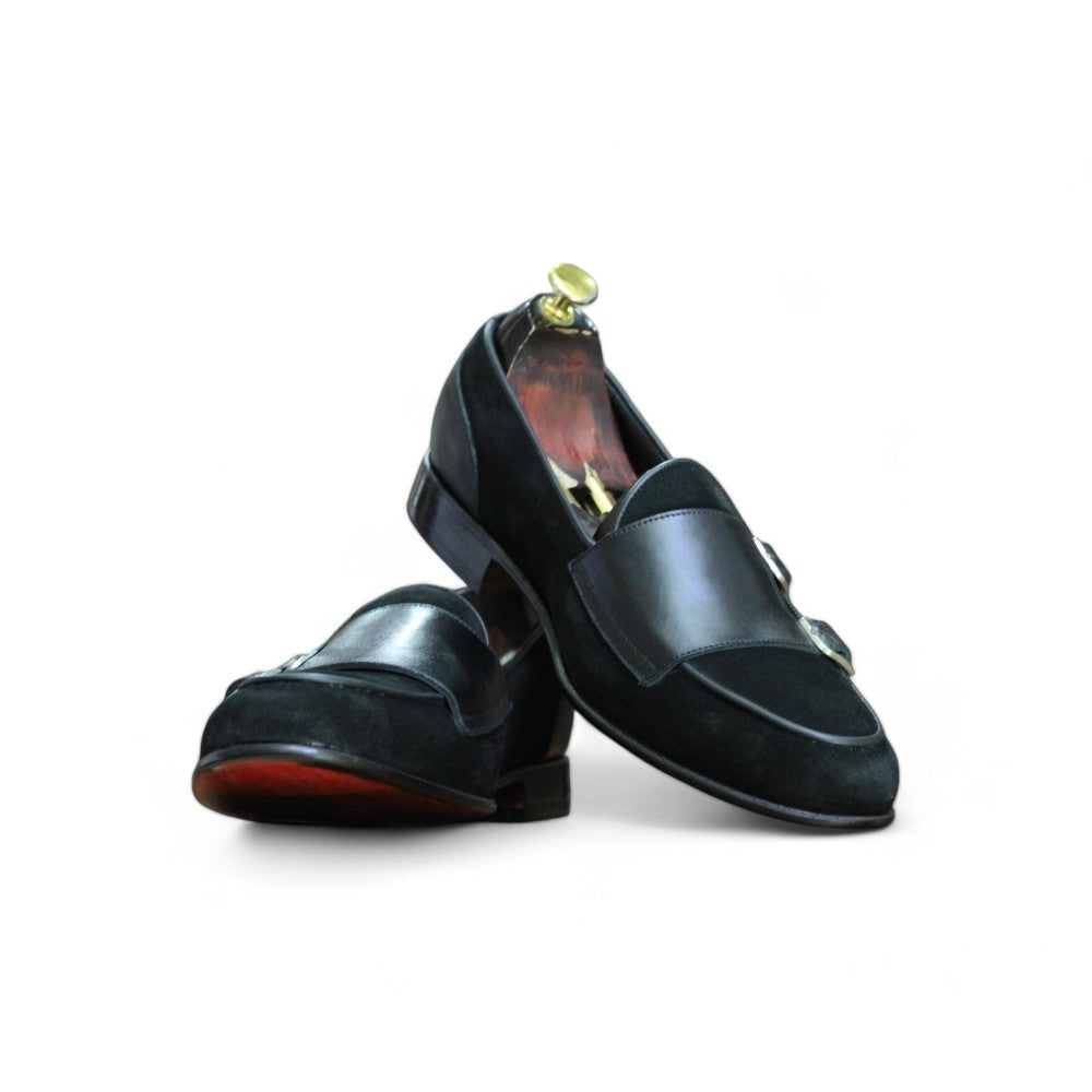 Handmade Double Buckle Loafer Shoes for Men – Premium Black Leather with Comfortable Leather Sole and Lining