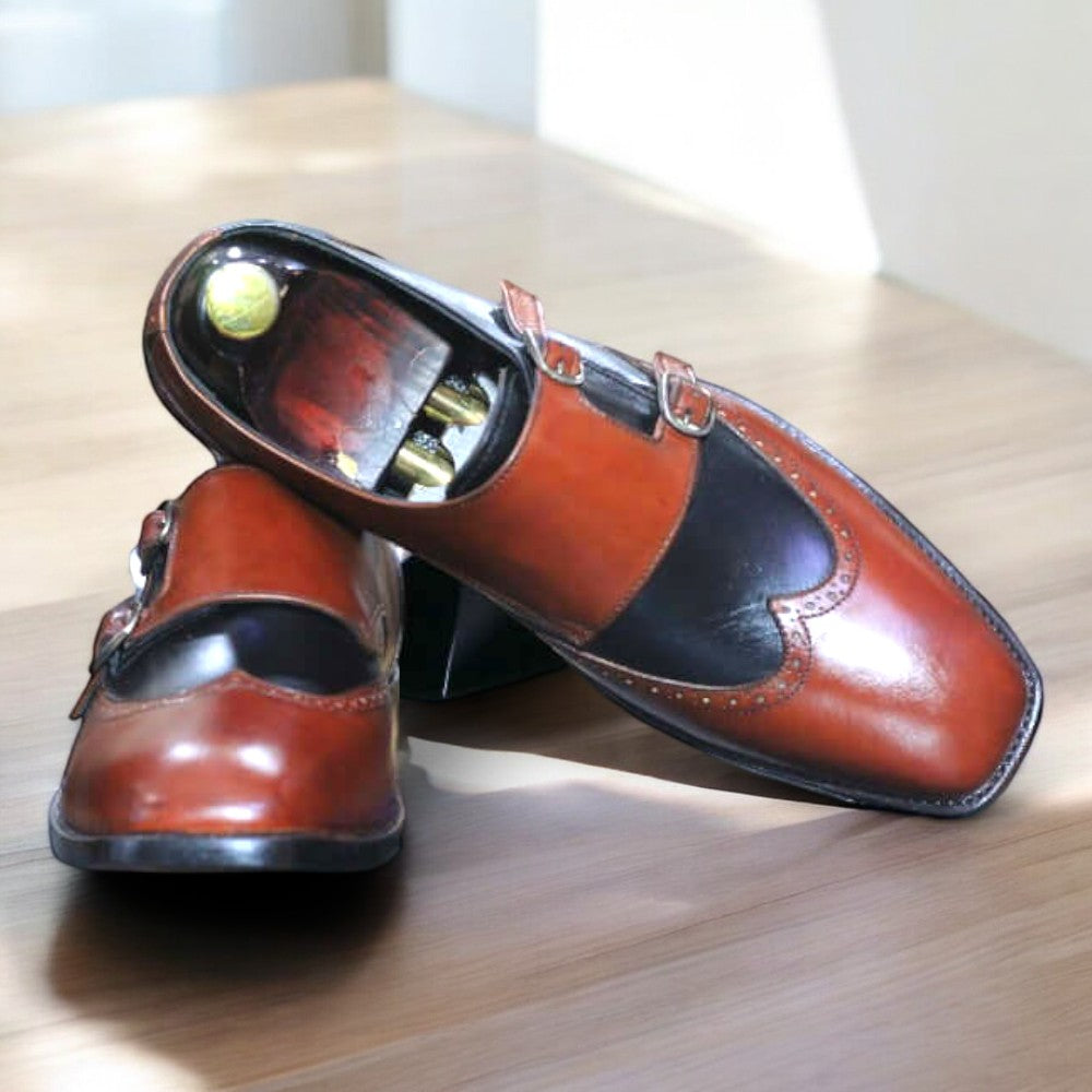 Men's Handmade Blue Burgundy Double Buckle Leather Shoes