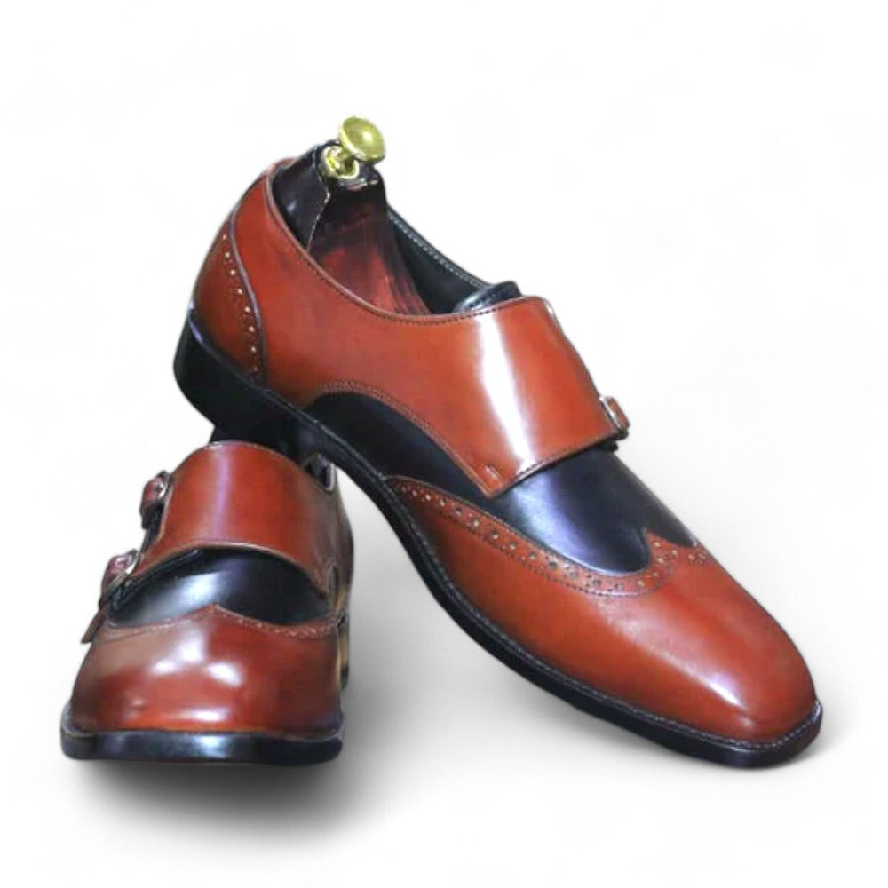 Men's Handmade Blue Burgundy Double Buckle Leather Shoes