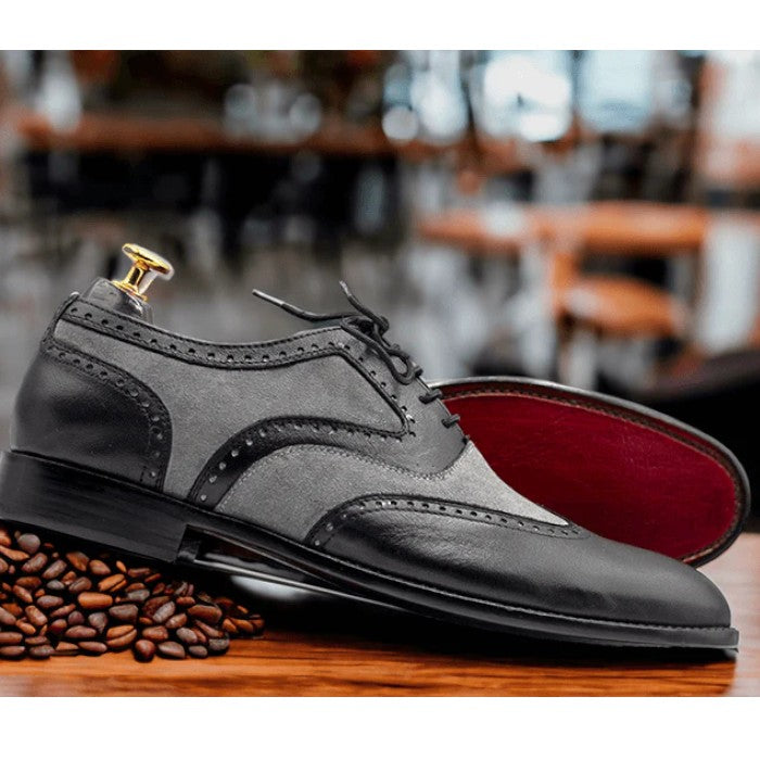 Men's Grey & Black Wingtip Oxford Shoes - Handcrafted Leather Dress Shoes for Formal Occasions