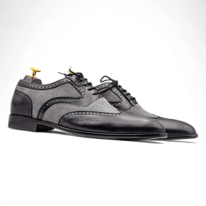 Men's Grey & Black Wingtip Oxford Shoes - Handcrafted Leather Dress Shoes for Formal Occasions