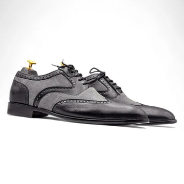 Men's Grey & Black Wingtip Oxford Shoes - Handcrafted Leather Dress Shoes for Formal Occasions
