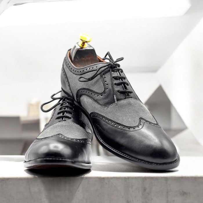 Men's Grey & Black Wingtip Oxford Shoes - Handcrafted Leather Dress Shoes for Formal Occasions