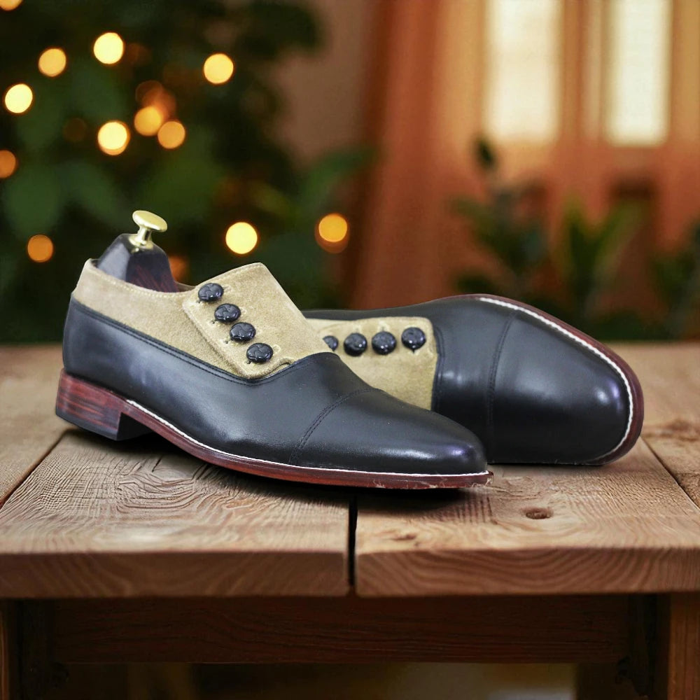 Black leather beige fabric designer loafers

