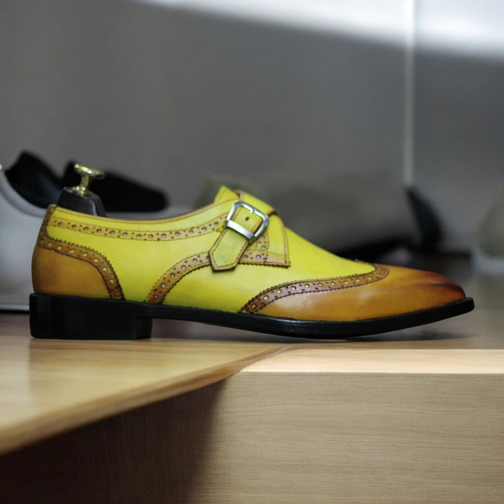 Two Tone Monk Shoes featuring a classic design with contrasting colors, showcasing high-quality leather and elegant buckles.