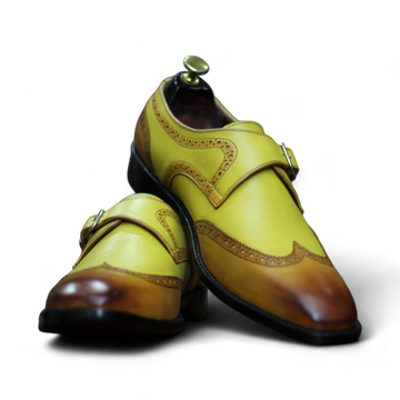 Two Tone Monk Shoes featuring a classic design with contrasting colors, showcasing high-quality leather and elegant buckles.