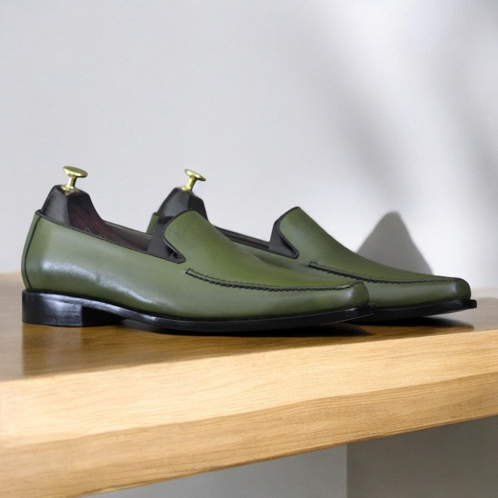 Men's Handmade Green Leather Loafers | Stylish & Comfortable Footwear