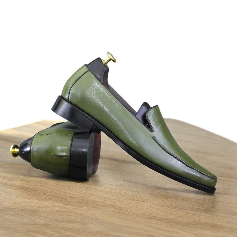 Men's Handmade Green Leather Loafers | Stylish & Comfortable Footwear