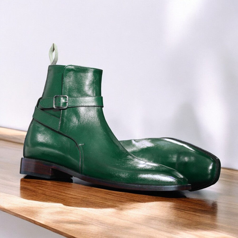 Handcrafted Green Leather Jodhpur Boots with strap design and durable sole by Posh Footwear