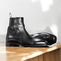Handcrafted Black  Leather Jodhpur Boots with strap design and durable sole by Posh Footwear