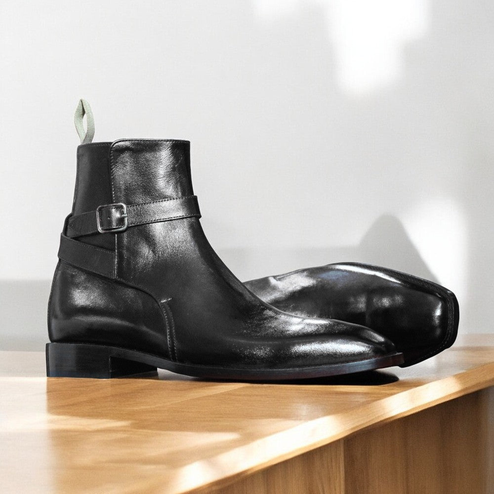 Handcrafted Black  Leather Jodhpur Boots with strap design and durable sole by Posh Footwear