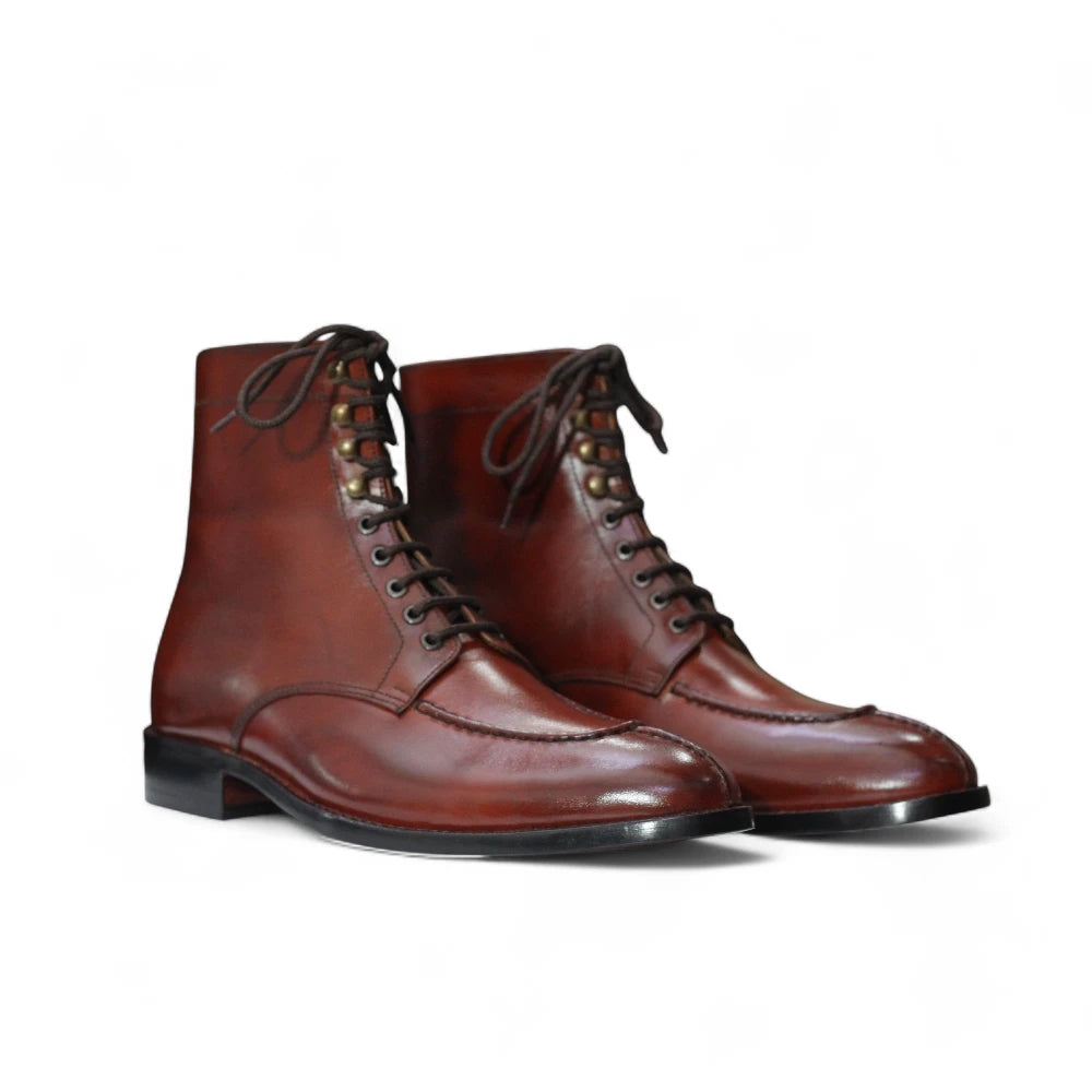 New Burgundy Handmade Designer Ankle Boots - Split Toe Lace-Up Style