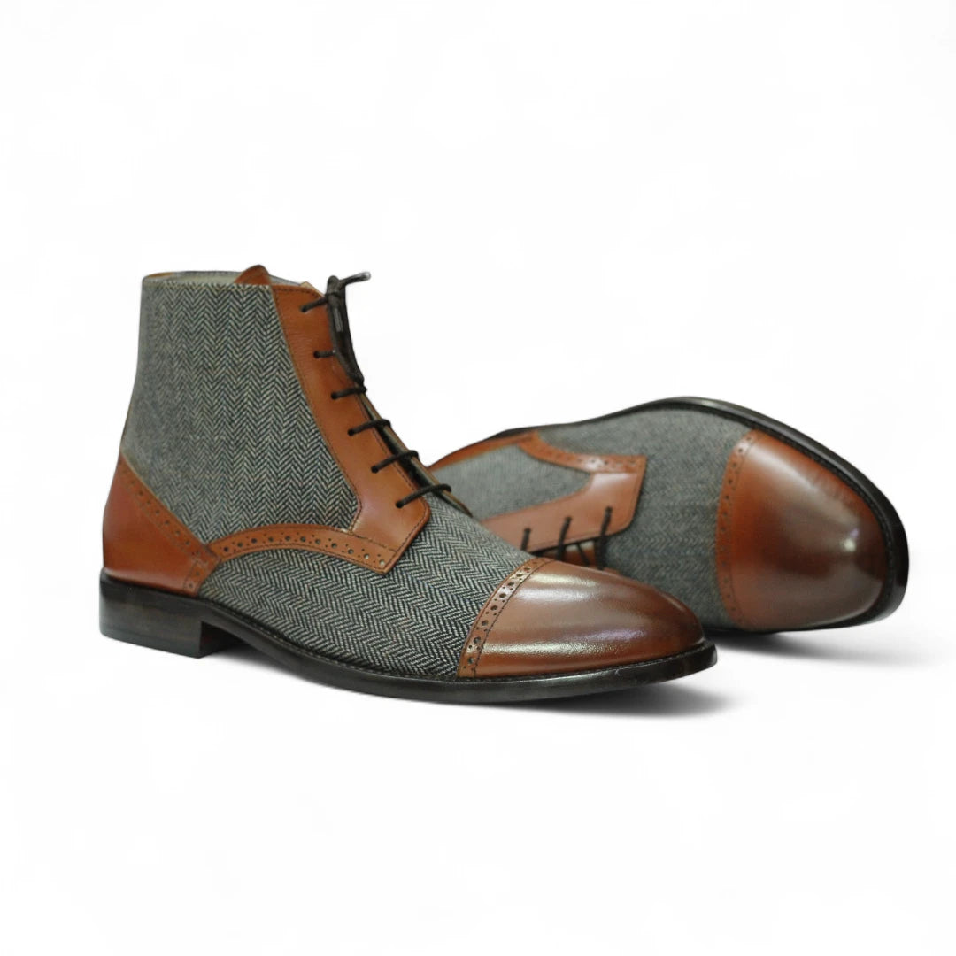 Back View – Rear angle of Men’s Designer Ankle Boots, featuring a two-tone tweed and leather design with a durable leather sole for stability.
