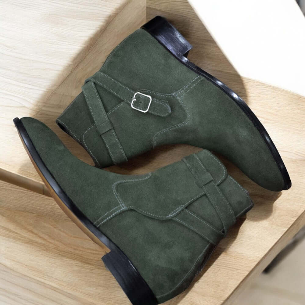 Handmade Men Green Suede Jodhpur's Leather Boots, Buckle Strap Jodhpur Boots 