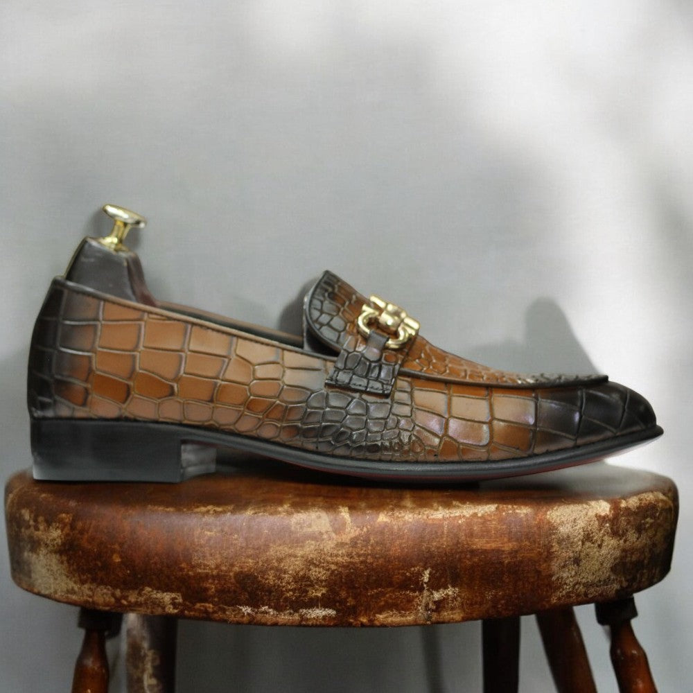 New Handmade Alligator Textured Genuine Cow - Hide Leather Buckle Loafers For Men, Dress Formal Slip On Shoes Mens - Posh Footwear