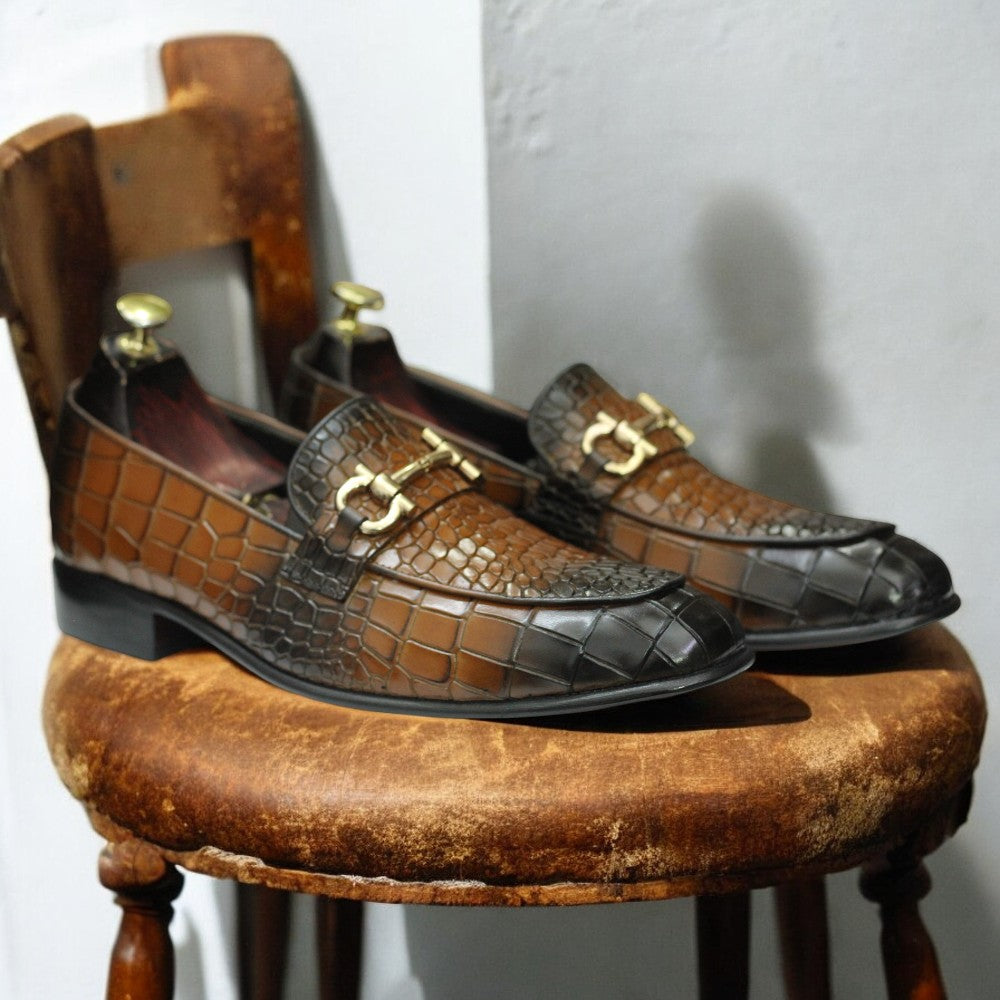 New Handmade Alligator Textured Genuine Cow - Hide Leather Buckle Loafers For Men, Dress Formal Slip On Shoes Mens - Posh Footwear