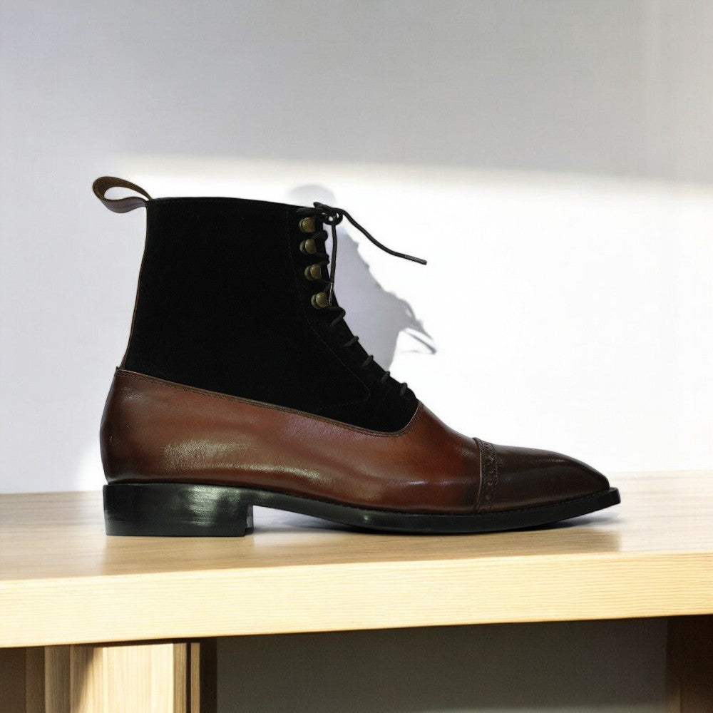 Stylish Cap Toe design of Brown Leather & Black Suede Ankle Boots, perfect for formal and casual wear.
