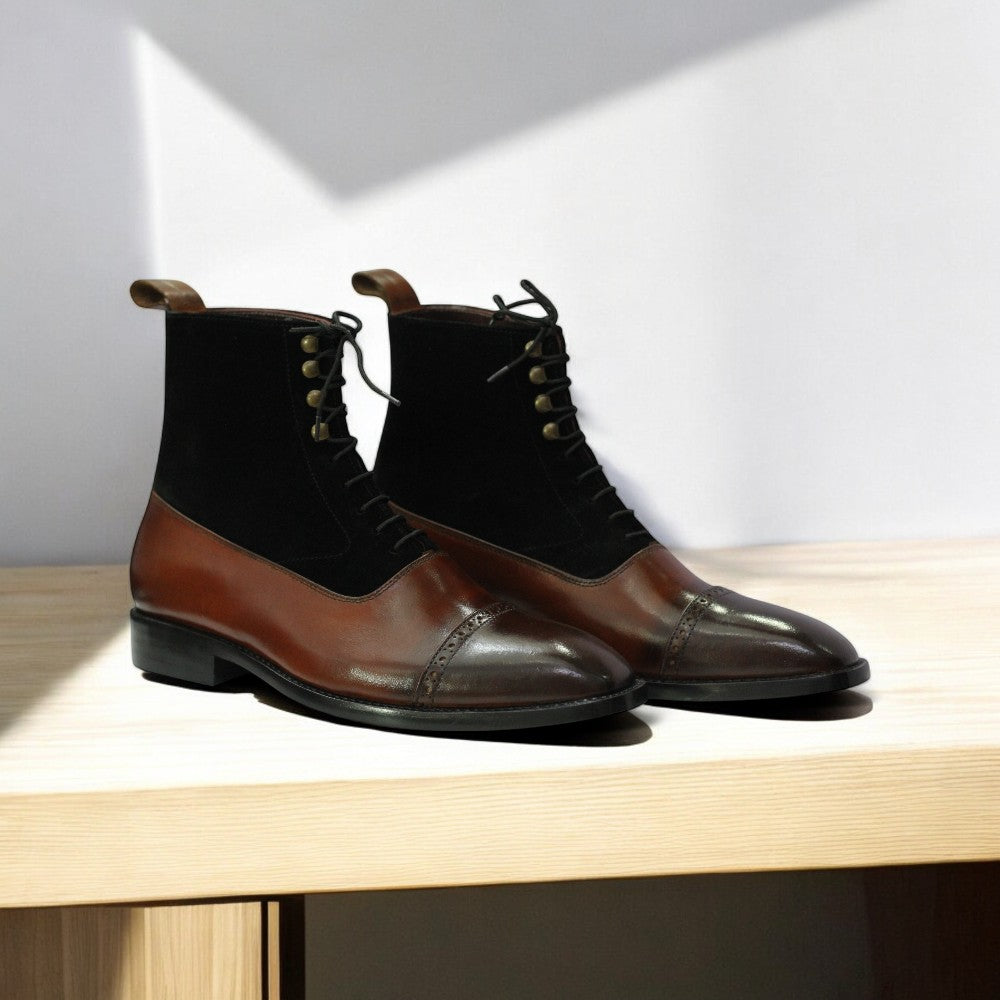 High-quality genuine leather sole of Handmade Brown & Black Suede Cap Toe Ankle Boots for superior durability.