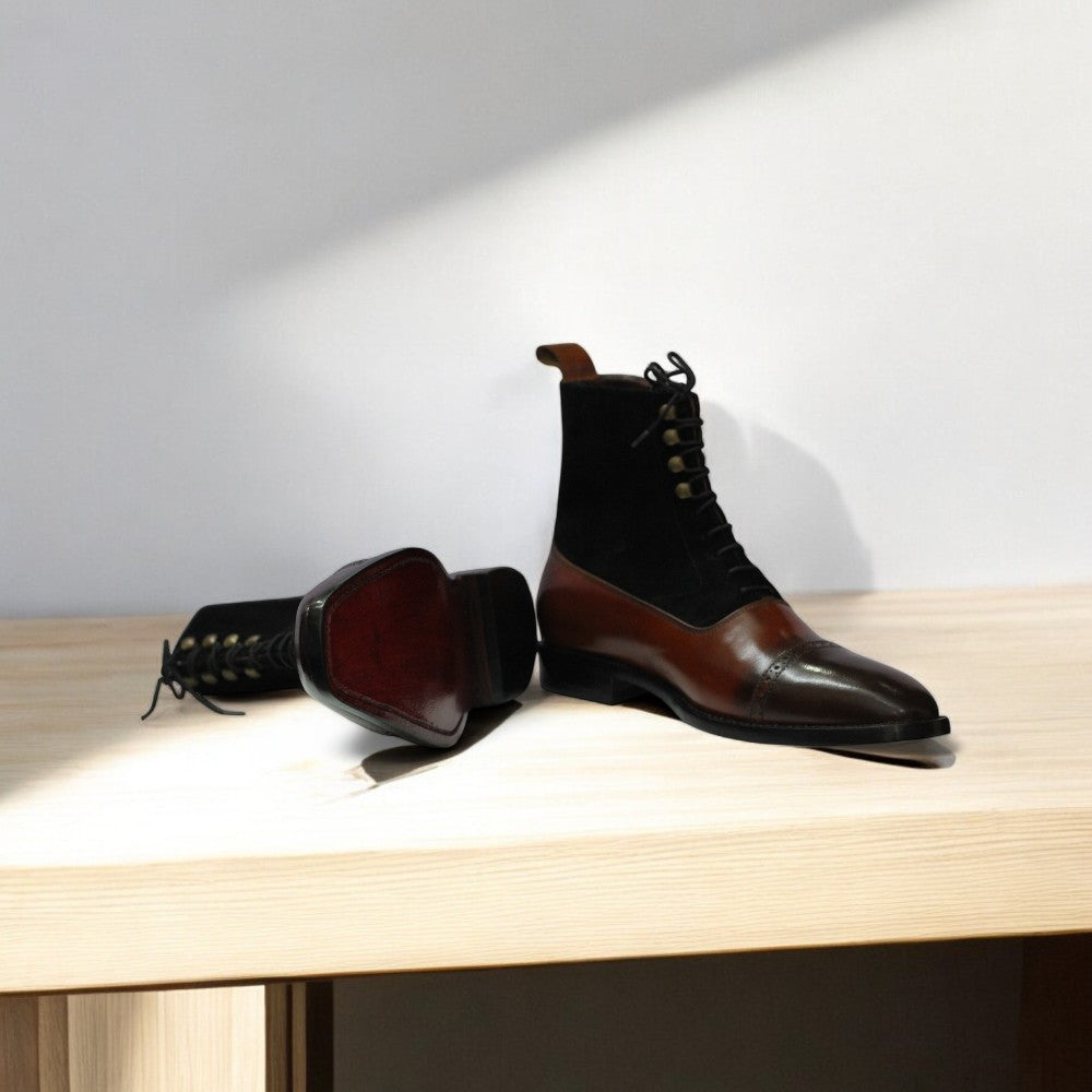 Luxury Handmade Brown Leather & Black Suede Ankle Boots showcasing exquisite hand-stitching and design.