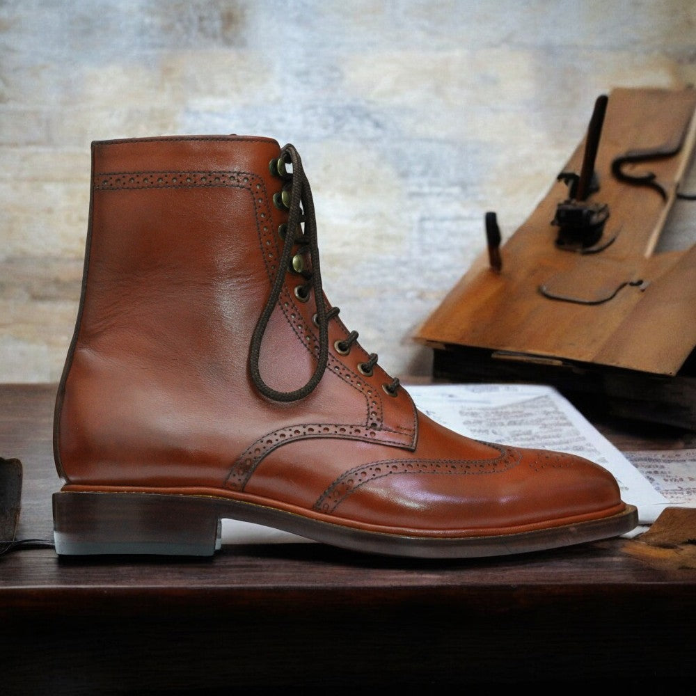Men's Handmade Tan Ankle Boots, Wing Tip Brogue Leather Boots with Lace-Up Closure – Premium Leather Upper, Sole, and Lining – USA Sizes 5 to 15