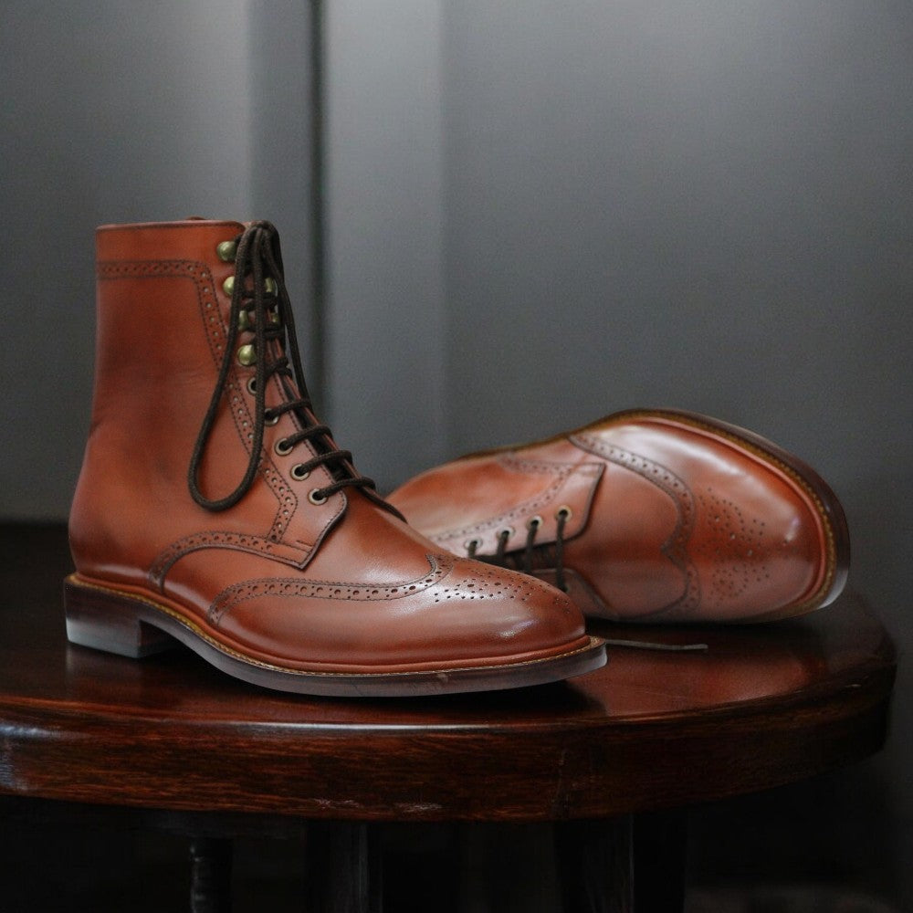 Men's Handmade Tan Ankle Boots, Wing Tip Brogue Leather Boots with Lace-Up Closure – Premium Leather Upper, Sole, and Lining – USA Sizes 5 to 15
