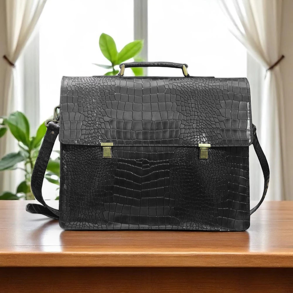 Front Side Black Alligator Leather Bag For Mens