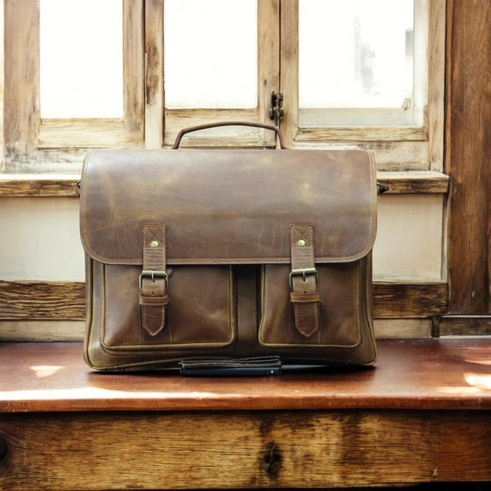 Front view of the leather laptop briefcase

