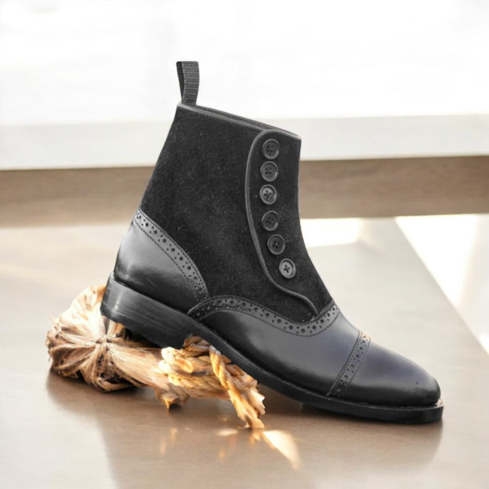 Men's Black Leather Suede Button Boots
